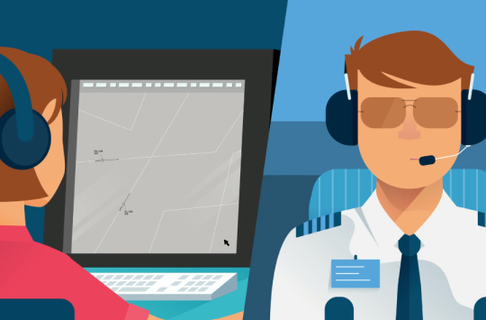 An infographic showing a pilot and an air traffic controller talking to each other over the radio