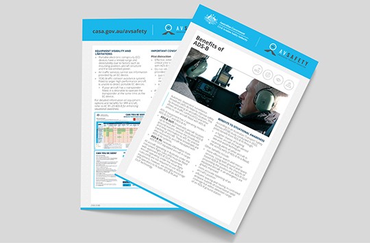 Two copies of the Benefits of ADS-B AvSafety card lying on a grey background