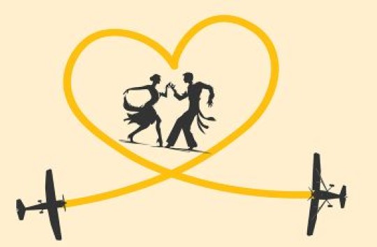 A couple dancing a tango in the middle of a heart formed from the path of two taxiing aeroplanes