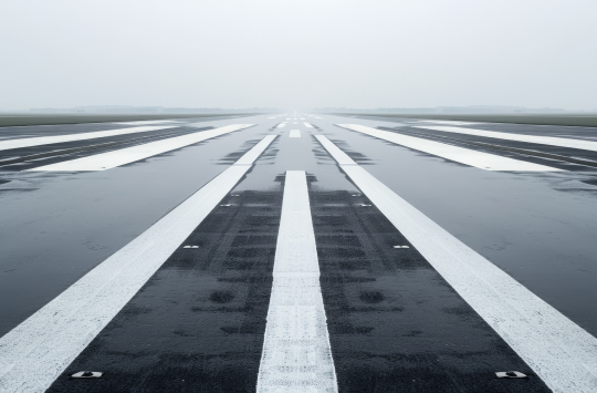 A runway with a wet surface