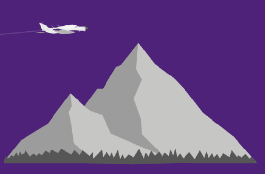 A graphic of an aeroplane flying over two mountains