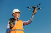 A man in a high visibility vest and a hard hat holding a drone