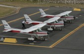 Three identical small aeroplanes lined up next to each other on the aircraft apron, as a pilot inspects the middle one