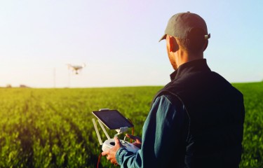 A man standing in front a field of green crops, holding the controls for a drone that is flying over them in the distance