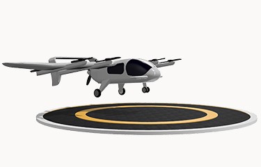 A render of advanced aerial maneuverability (AAM) aircraft landing on a circular landing area