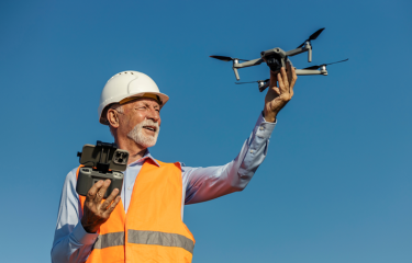 A man in a high visibility vest and a hard hat holding a drone