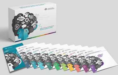 The booklets of the Safety Behaviours: Human Factors for pilots kit arranged in a row with their storage box sitting behind them