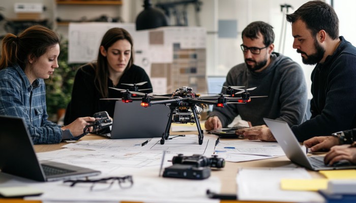 image of a group of people discussing drone