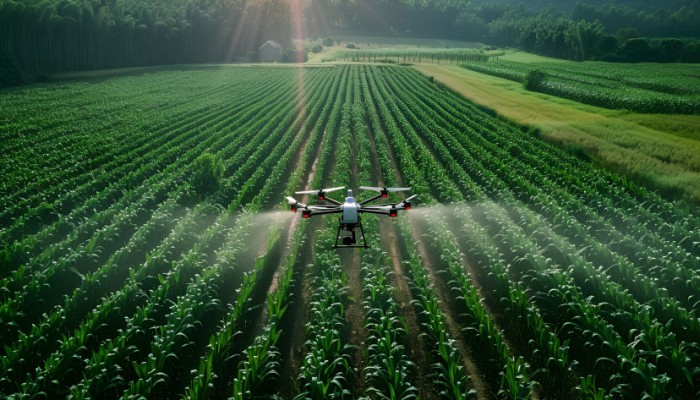 image of a drone flying above farmland