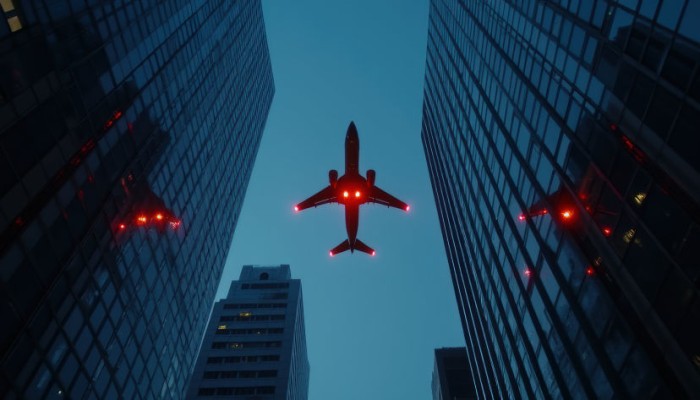 image of a plane flying in the sky between buildings