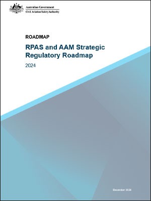 The cover of the RPAS roadmap, with a photo of a drone flying over a lake in the bottom-right corner and a render of an AAM vehicle in the centre