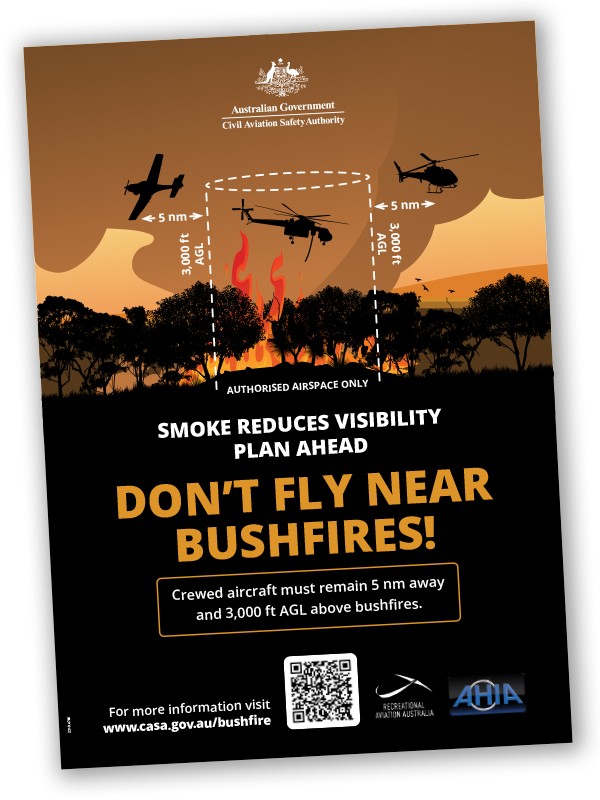 Don't fly near bushfires - Smoke reduces visibility - Plan ahead - Crewed aircraft must remain 5 nm away and 3,000 ft AGL above bushfires