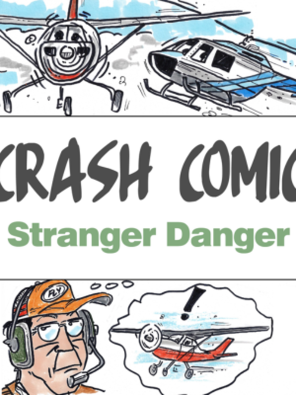 Comic displaying an aeroplane and helicopter almost colliding