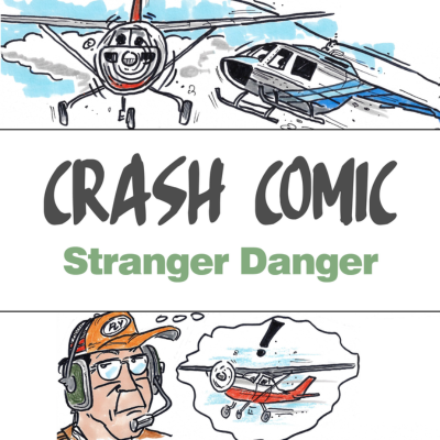 Comic displaying an aeroplane and helicopter almost colliding
